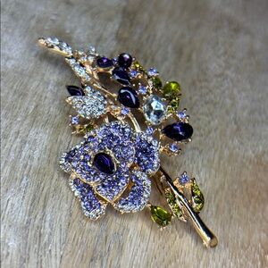 Modern gorgeous, purple floral bouquet, gold brooch
